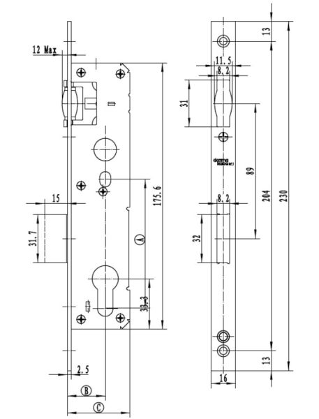 Механический замок узкопрофильный dormakaba 860 85/25/8 F=16 для ПВХ дверей