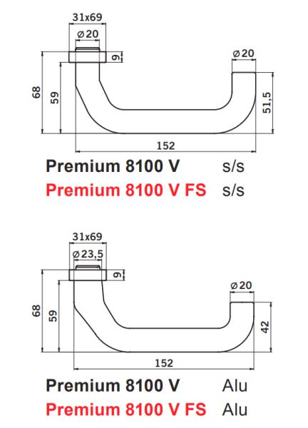Комплект нажимных ручек dormakaba OGRO Premium 8100V для профильных дверей