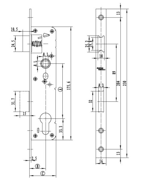 Механический замок узкопрофильный dormakaba 920 92/35/8 F=16 для ПВХ дверей