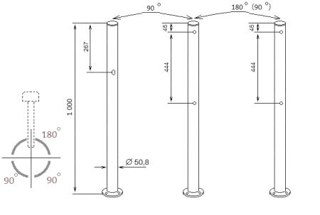 Трехсторонняя стойка с отверстием для фиксатора створки и 6 отверстиями (90 и 180град.) ASP-D50,8-09 из нержавеющей стали AISI304 Трехсторонняя стойка с отверстием для фиксатора створки и 6 отверстиями (90 и 180град.) ASP-D50,8-09 из нержавеющей стали AISI304