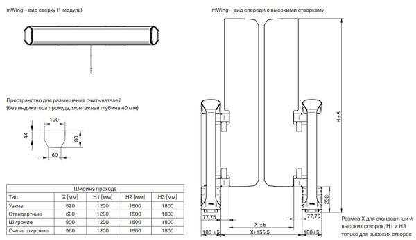 Распашной двухпроходной турникет Magnetic mWing с закаленными створками 600 и 900 мм