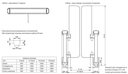 Распашной двухпроходной турникет Magnetic mWing с закаленными створками 600 мм