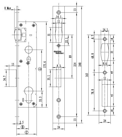Механический замок узкопрофильный dormakaba 860a 85/25/8 F=24 для алюминиевых дверей