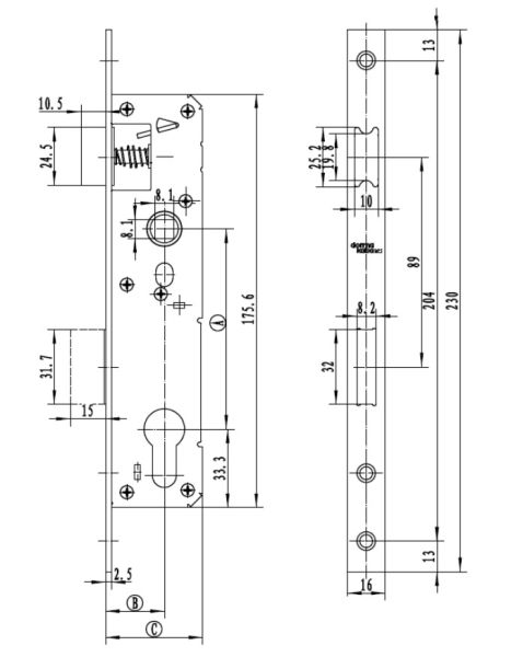 Механический замок узкопрофильный dormakaba 850 85/25/8 F=16 для ПВХ дверей