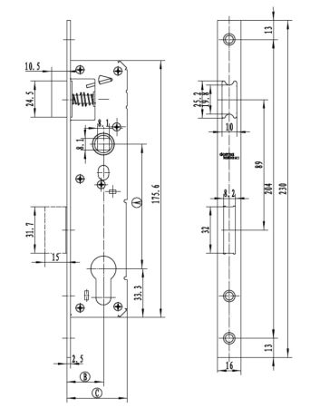 Механический замок узкопрофильный dormakaba 920 92/30/8 F=16 для ПВХ дверей