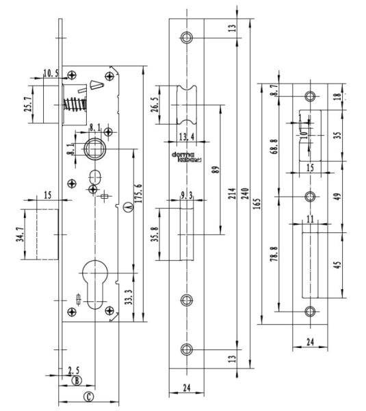 Механический замок узкопрофильный dormakaba 850a 85/30/8 F=24 для алюминиевых дверей