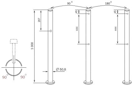 Трехсторонняя стойка с отверстием для фиксатора створки и 4 отверстиями (угол 90 град.) ASP-D50,8-08 из нержавеющей стали AISI304