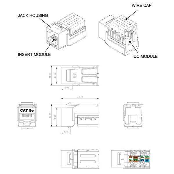 Вставка Keystone Hyperline KJNE-8P8C-C5e-90-BK Jack RJ-45(8P8C), категория 5e